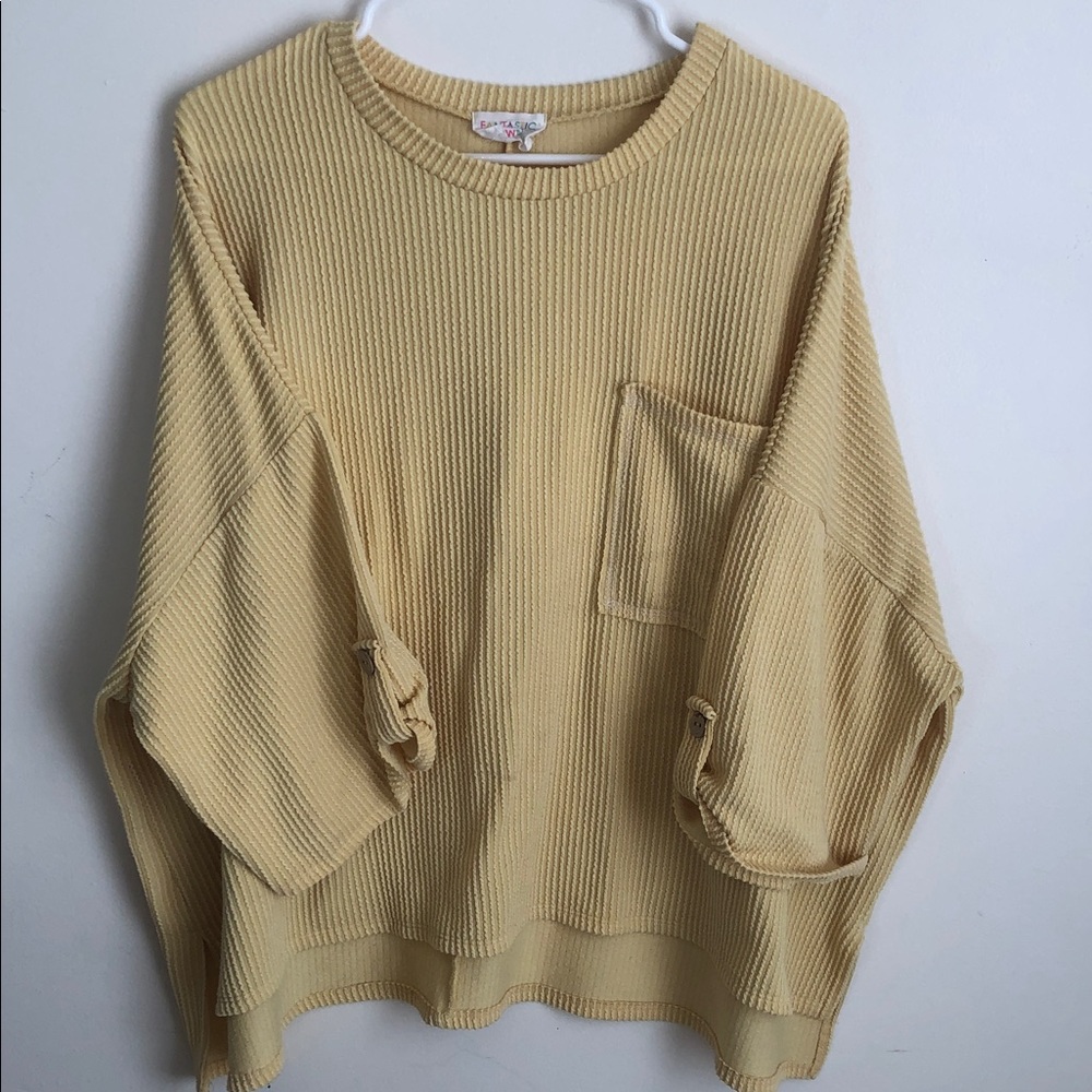 Fantastic Fawn boho Pale Yellow Ribbed Crewneck Sweater with Pocket